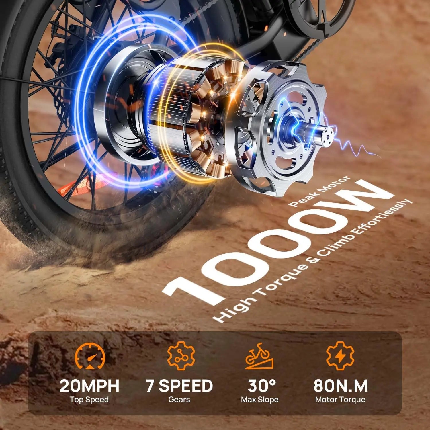 1000W E20 Electric Bike 48V 13Ah Removable Battery 20"x3" Fat Tire 7-Speed